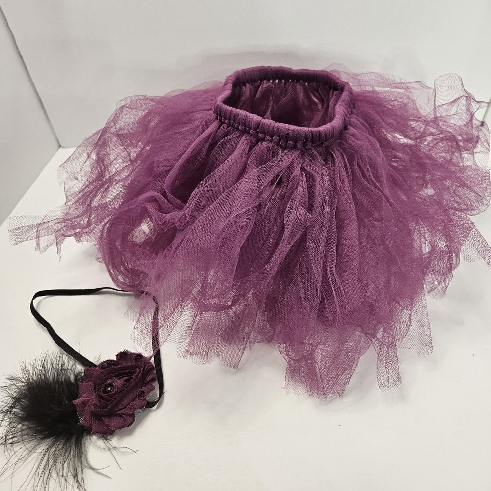 Newborn Handmade Purple Tulle Tutu with Purple Flower & Black Feather Headband